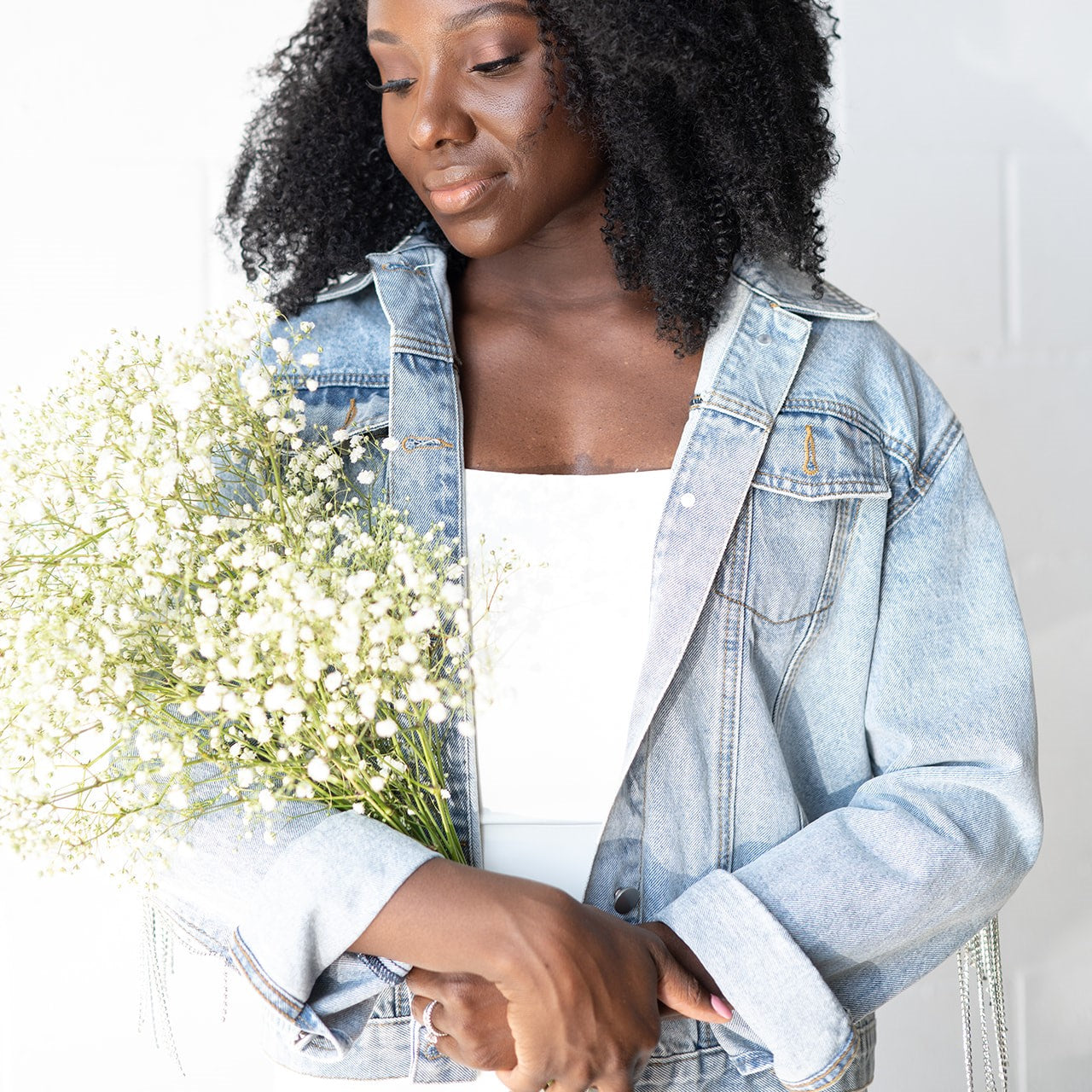 Denim jacket with rhinestone sleeve outlet fringe